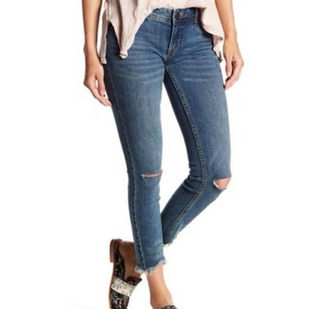 Free People Women's Size 24 Frayed Hem Ankle Skinny Jeans Blue Distressed Denim
